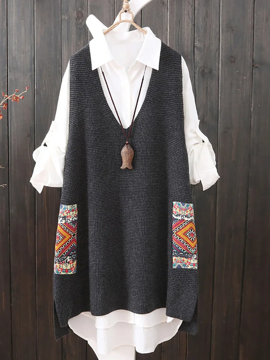 Stylish Womens Ethnic V-Neck Loose-Fit Knitted Vest