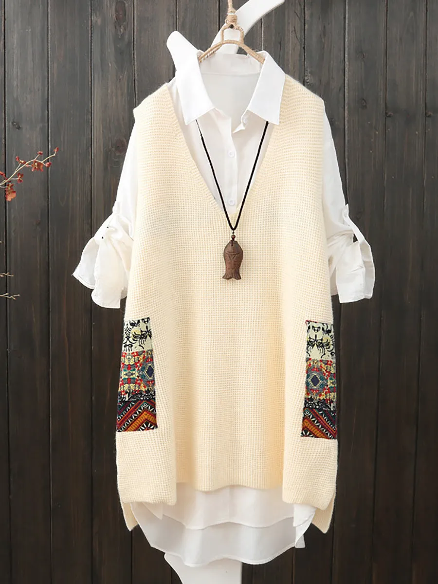 Stylish Womens Ethnic V-Neck Loose-Fit Knitted Vest