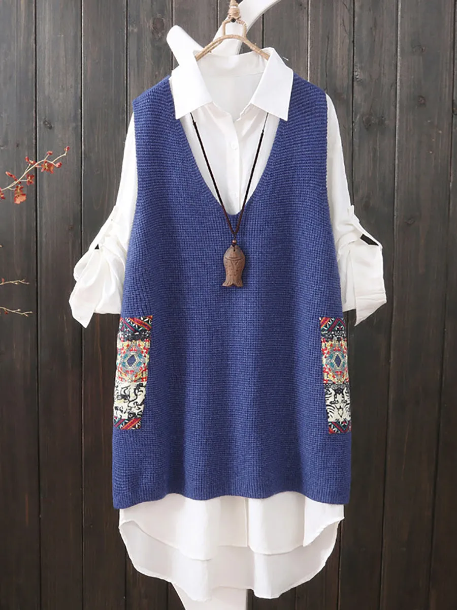 Stylish Womens Ethnic V-Neck Loose-Fit Knitted Vest