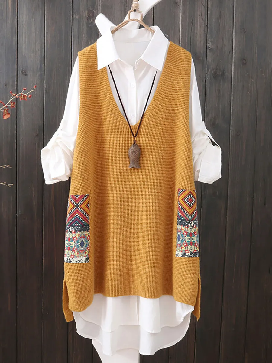 Stylish Womens Ethnic V-Neck Loose-Fit Knitted Vest